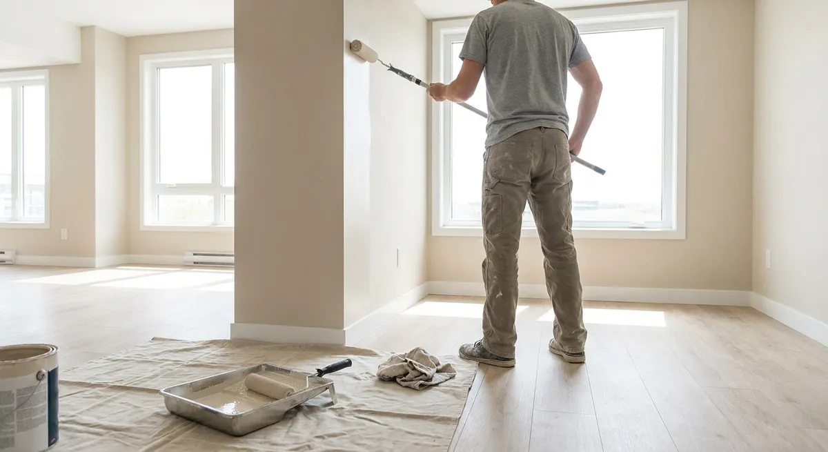 Pintor pintando las paredes de un apartamento vacío listo para rentar