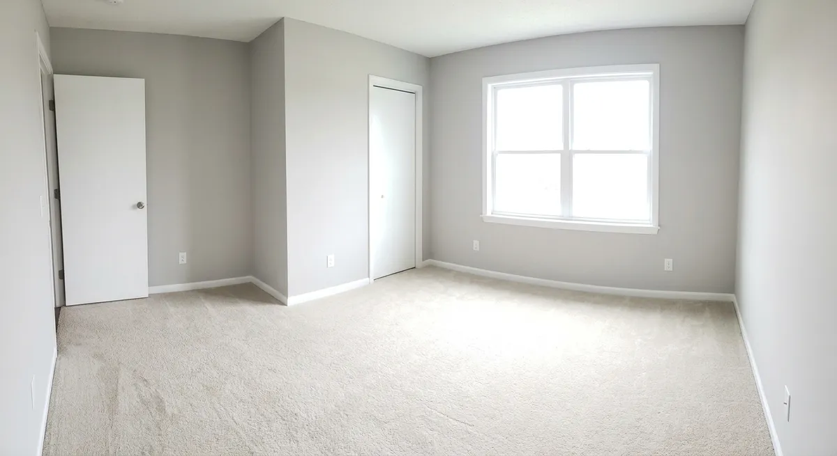 Pintura de apartamentos: recámara vacía con paredes gris claro y molduras blancas lista para rentar