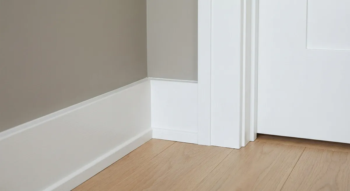 Zoclos y puerta interior blancos recién pintados junto a un piso de madera